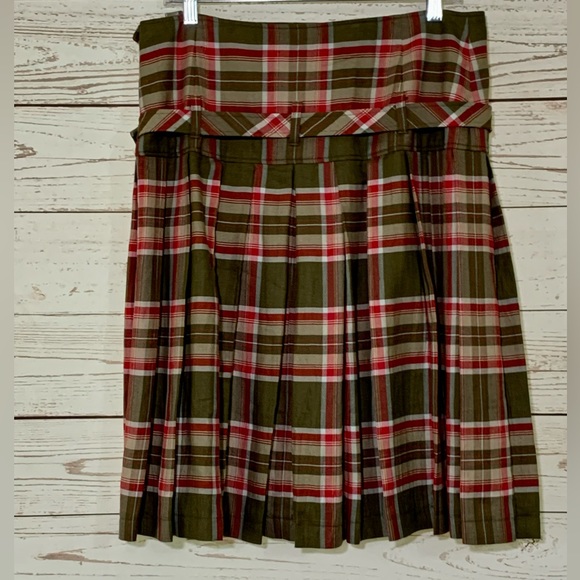 Escada Plaid Tartan Pleated Double Buckle MIDI Skirt Olive Green Red - Picture 2 of 16